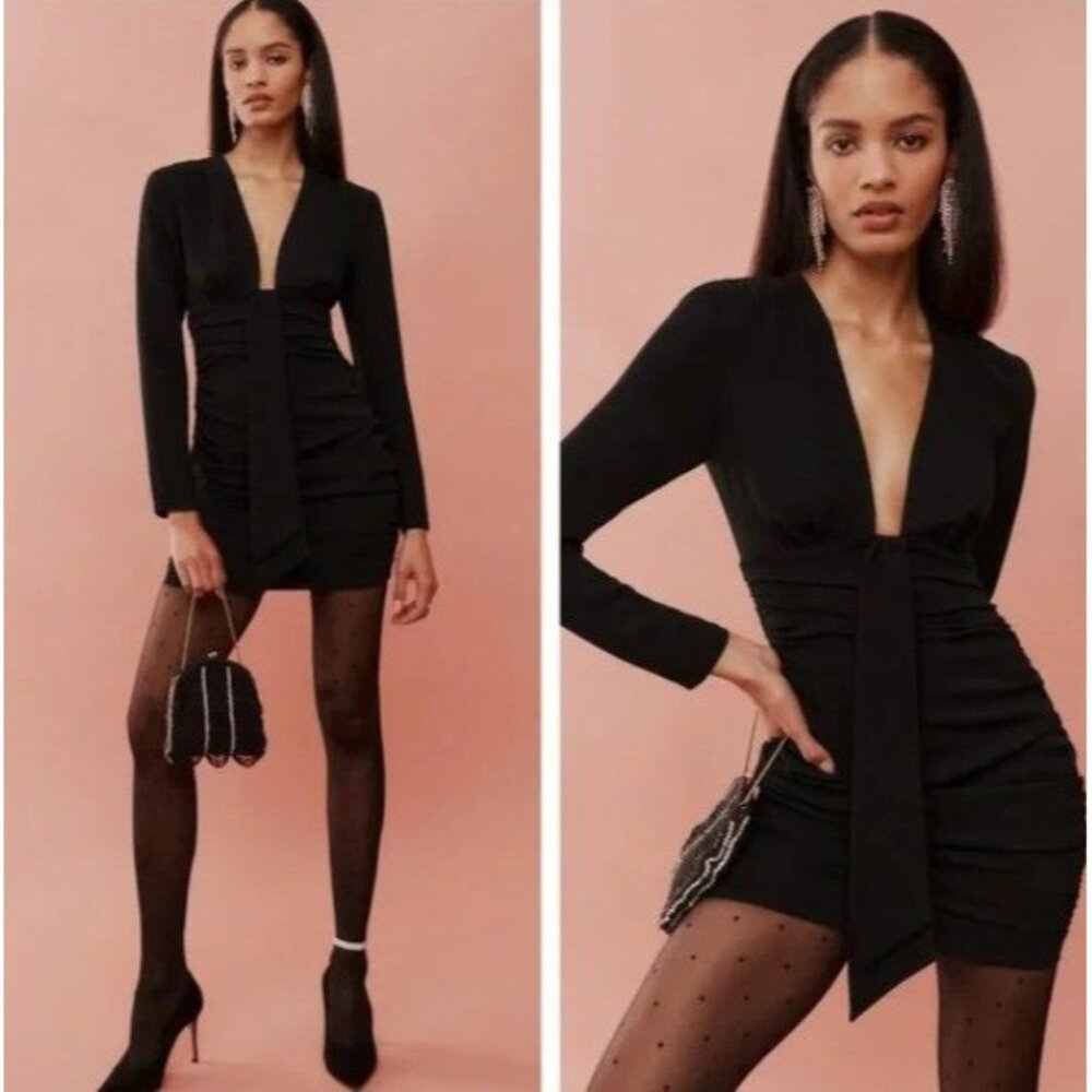 Reformation Fortesa Long Sleeve Mini Dress in Black Deep V Ruched Size 4 NWT